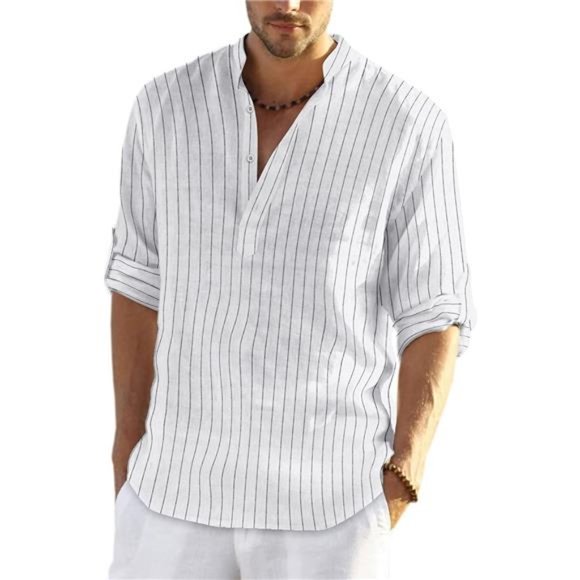 Other - Men's Cotton Linen Henley Shirt Long Sleeve Hippie Casual Beach T Shirts